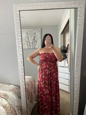 Angie Strapless Floral Smocked Shirred Maxi Pink Dress L Large M Medium